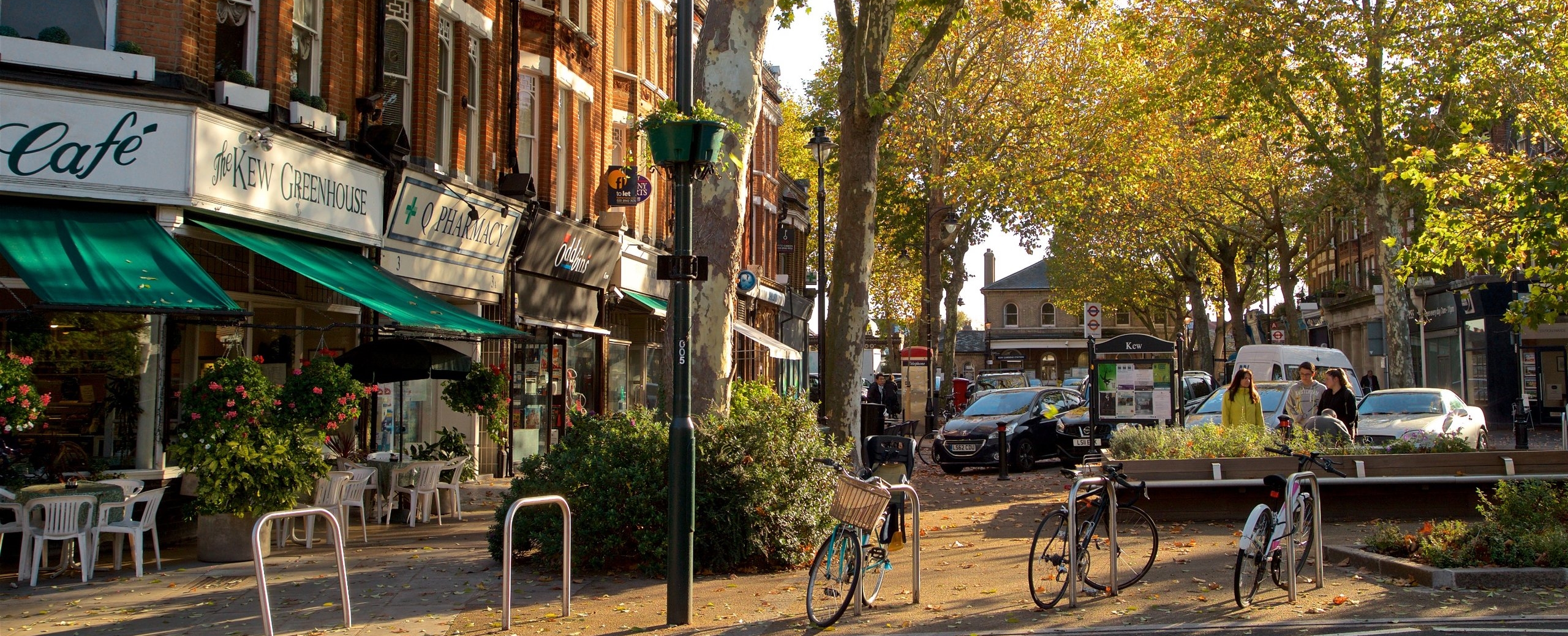 Tree-lined Kew Village with local shops and cafés